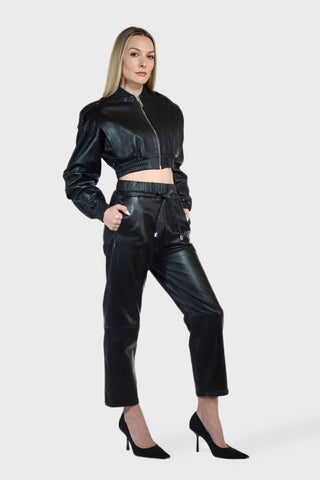 Cropped Bomber Leather Jacket