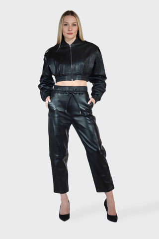 Cropped Bomber Leather Jacket