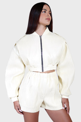 Cropped Bomber Plisse Leather Jacket